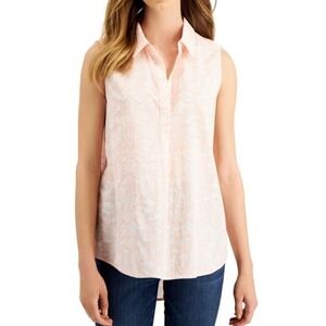 STYLE & CO Women L Blooms Shell Cotton Poplin  Sleeveless Popover Top Hi Low Hem